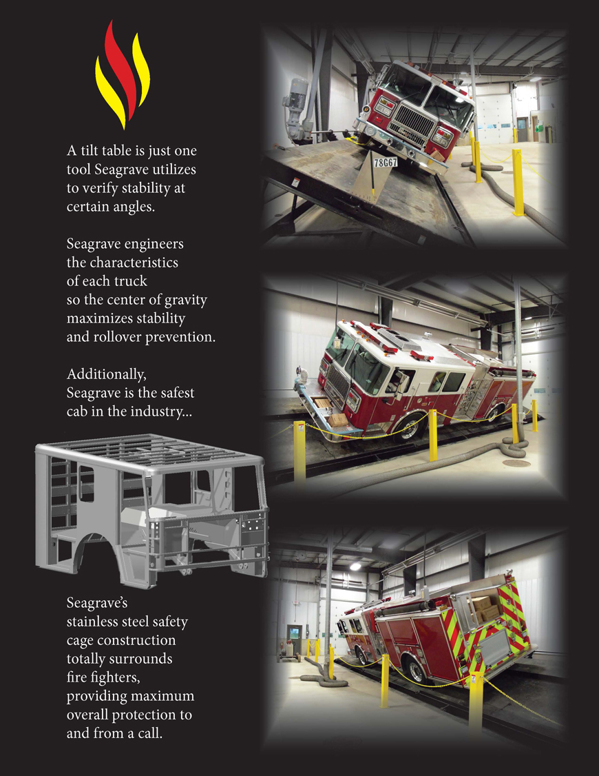 Three angles of a Seagrave fire apparatus on a tilt table. The text reads 'A tilt table is just one tool Seagrave utilizes to verify stability at certain angles. Seagrave engineers the characteristics of each truck so the center of gravity maximizes stability and rollover prevention. Additionally, Seagrave is the safest cab in the industry... Seagrave's stainless steel safety cage construction totally surrounds the fire fighters, providing maximum overall protection to and from a call.'