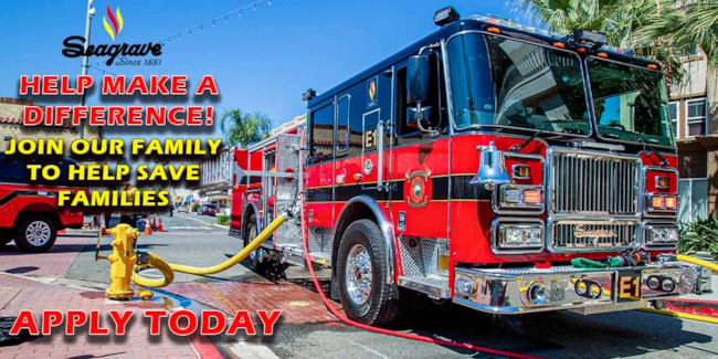 A Seagrave apparatus attached via a hose to a fire hydrant with text overlaying, reading 'Help make a difference! Join our family to help save families. Apply today'